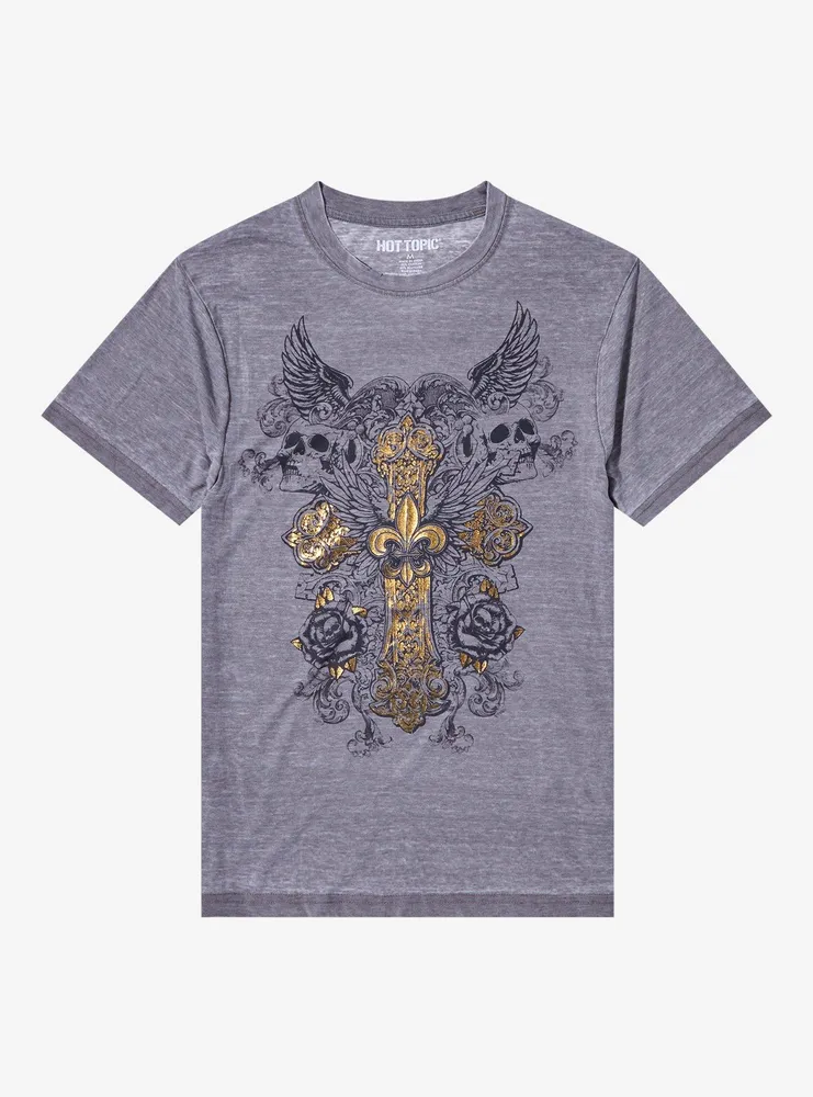 Gold Foil Cross & Skulls Burnout Boyfriend Fit Girls T-Shirt