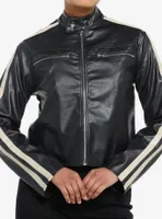 Black & Cream Stripe Faux Leather Girls Moto Jacket