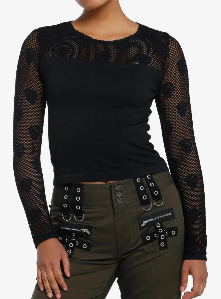 Social Collision Black Skull Mesh Girls Crop Long-Sleeve Top