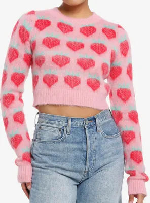 Pink & Red Strawberry Fuzzy Girls Crop Sweater