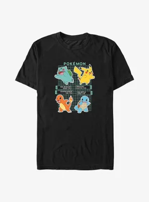 Pokemon Bulbasaur Pikachu Charmander and Squirtle Pokedex Big & Tall T-Shirt