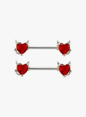 14G Steel Red Devil Heart Nipple Barbell 2 Pack