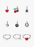 Steel Cherry Dice Heart Nose Stud & Hoop 9 Pack