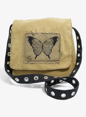Butterfly Skeleton Corduroy Grommet Strap Messenger Bag
