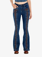 Dark Indigo Brown Lace-Up Girls Flare Jeans