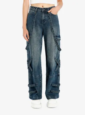 Washed Indigo Denim Harness Wide-Leg Jeans