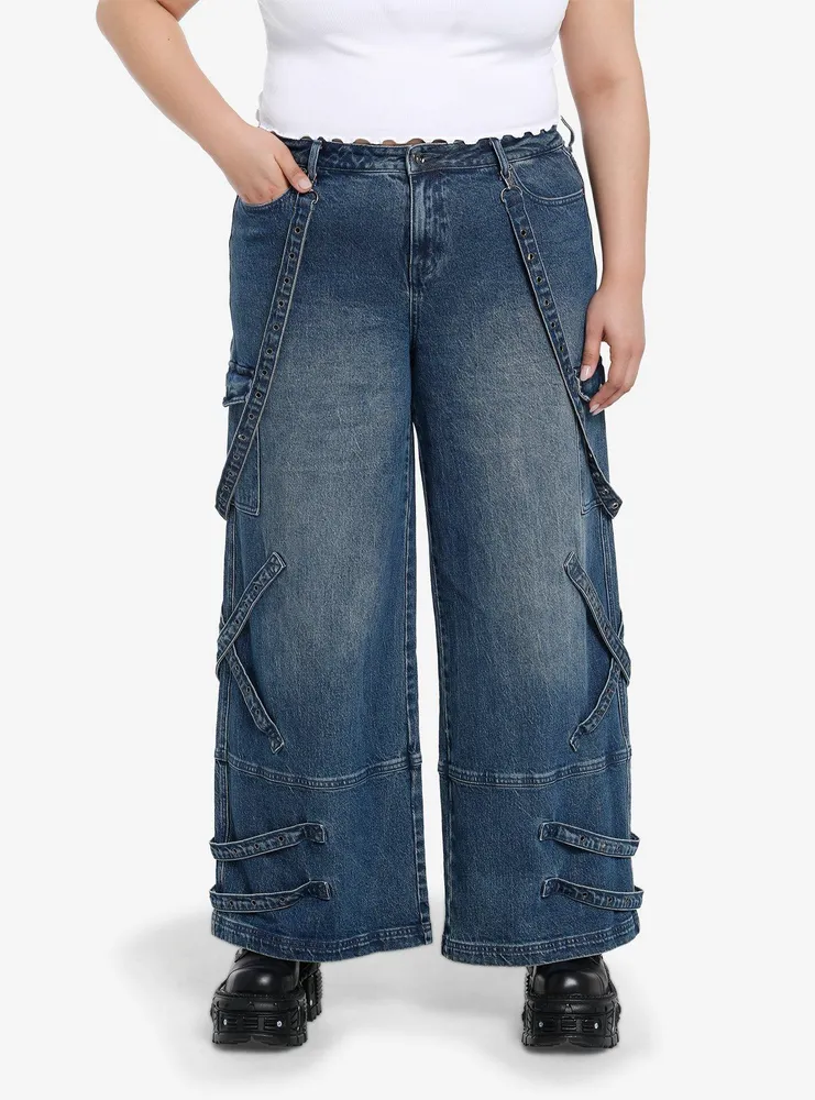 Washed Indigo Denim Harness Girls Wide-Leg Jeans Plus