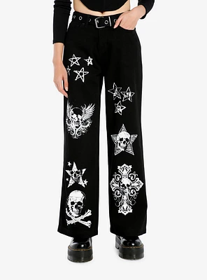 Black Skull Icons Belted Wide-Leg Jeans