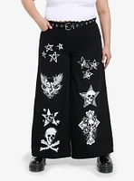 Black Skull Icons Belted Girls Wide-Leg Jeans Plus