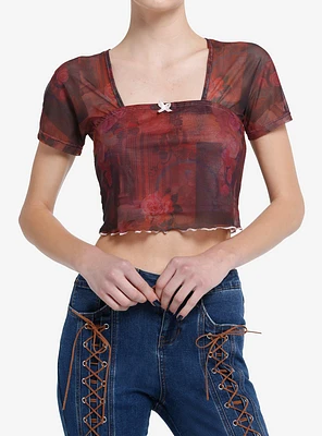 Social Collision Red & Black Rose Butterfly Mesh Girls Crop Top