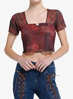 Social Collision Red & Black Rose Butterfly Mesh Girls Crop Top