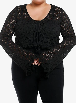 Cosmic Aura Black Knit Ruffle Girls Crop Cardigan Plus