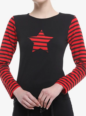 Social Collision® Black & Red Stripe Star Girls Long-Sleeve Crop Top