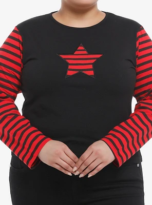 Social Collision® Black & Red Stripe Star Girls Long-Sleeve Crop Top Plus