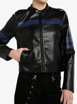Social Collision Navy Blue Stripe Faux Leather Girls Moto Jacket
