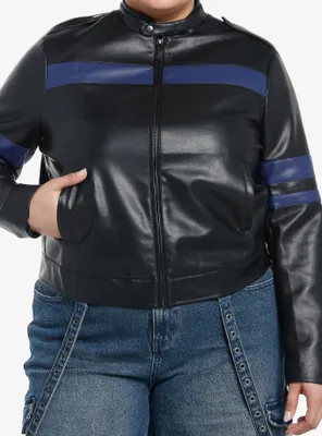 Social Collision Navy Blue Stripe Faux Leather Girls Moto Jacket Plus