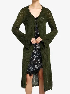 Thorn & Fable Green Tie-Front Girls Midi Knit Cardigan