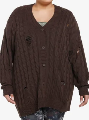 Thorn & Fable Brown Destructed Girls Boxy Knit Cardigan Plus