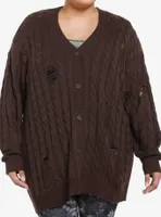 Thorn & Fable Brown Destructed Girls Boxy Knit Cardigan Plus