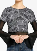 Social Collision Newsprint Mesh Sleeve Girls Twofer Top