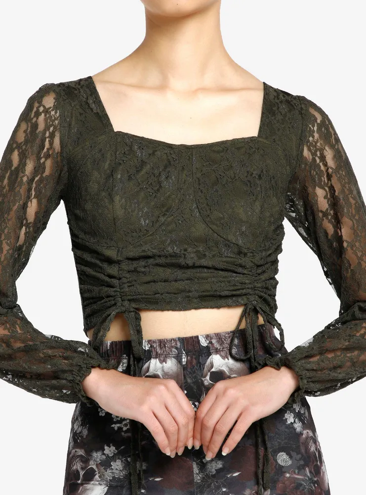 Thorn & Fable Green Lace Ruched Girls Crop Long-Sleeve Top