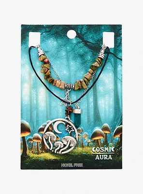 Cosmic Aura Mushroom & Faux Stone Necklace Set
