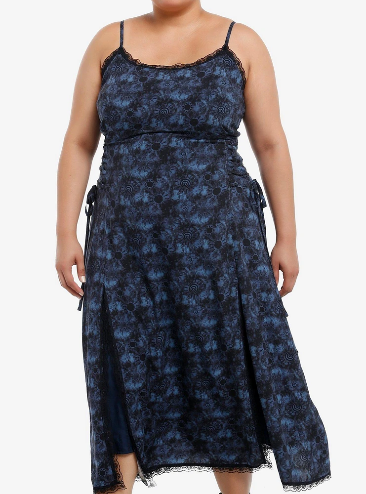 Cosmic Aura Blue Swirl Wash Side Slit Midi Dress Plus