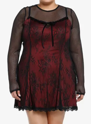Social Collision Black & Red Lace Twofer Long-Sleeve Dress Plus