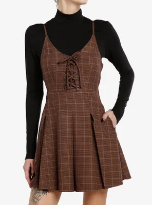 Social Collision Brown Plaid Long-Sleeve Twofer Dress