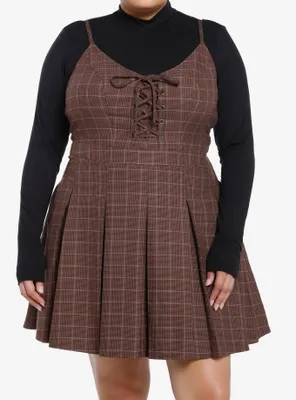 Social Collision Brown Plaid Long-Sleeve Twofer Dress Plus