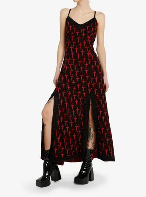 Social Collision Black & Red Dagger Maxi Slip Dress