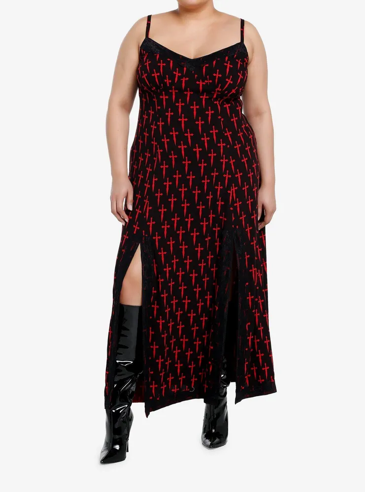 Social Collision Black & Red Dagger Maxi Slip Dress Plus