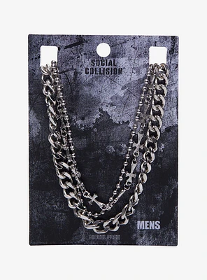 Social Collision Silver Cross Guys Chain Necklace Set