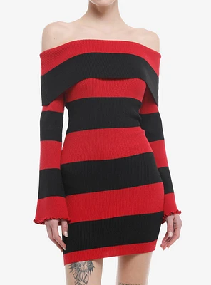 Black & Red Stripe Off-The-Shoulder Long-Sleeve Dress