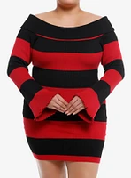 Black & Red Stripe Off-The-Shoulder Long-Sleeve Dress Plus