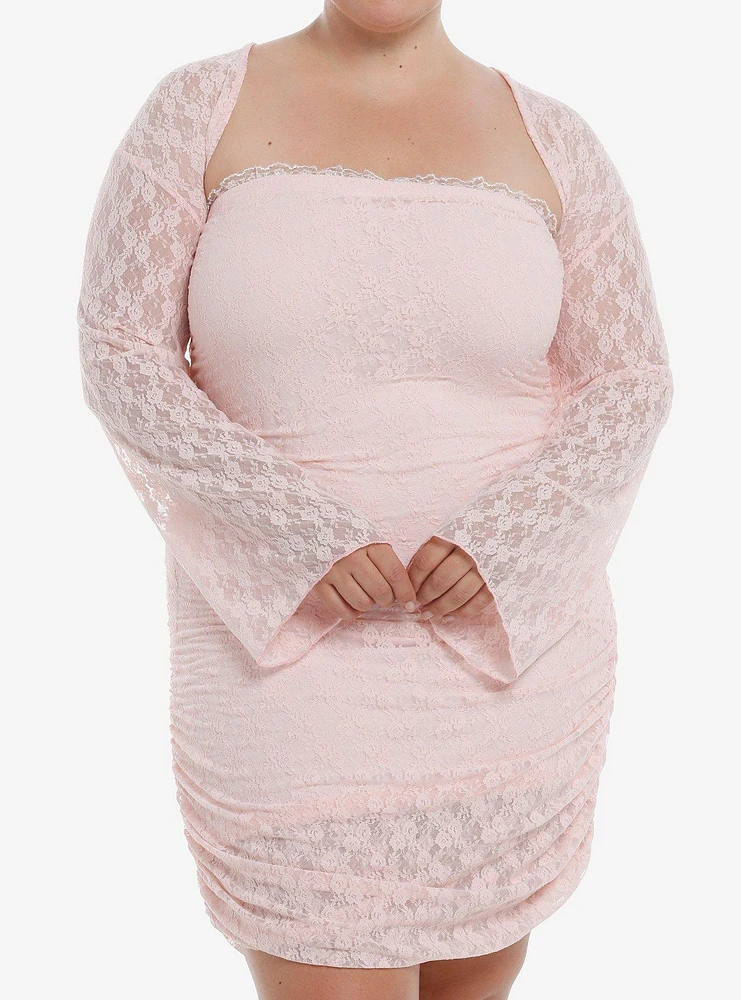 Daisy Street Pink Lace Ruched Bell Sleeve Dress Plus