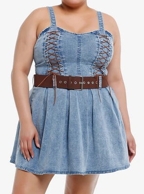 Sweet Society® Brown Lace-Up Belted Denim Dress Plus