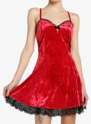Social Collision Red Velvet Lace Slip Dress