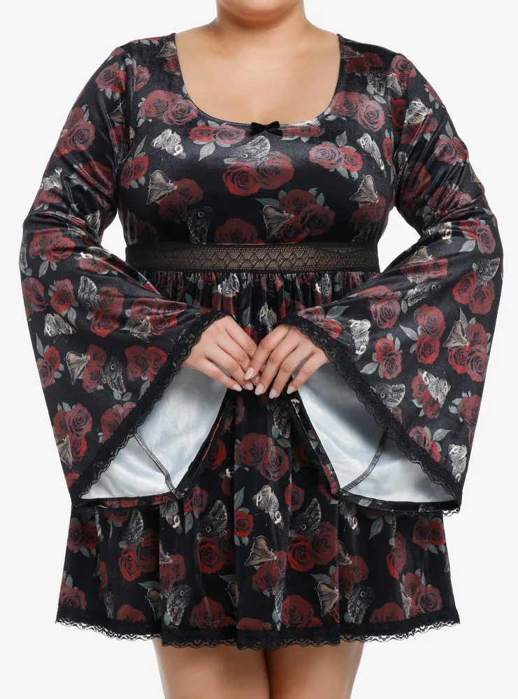 Thorn & Fable Rose Moth Velvet Bell Sleeve Dress Plus