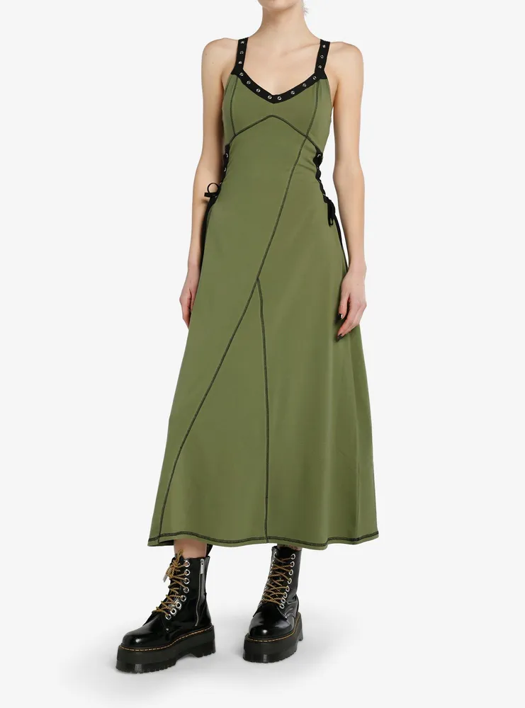 Social Collision® Green & Black Lace-Up Midaxi Dress