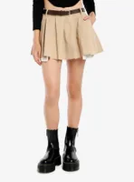Social Collision Khaki Belted Low-Rise Pleated Mini Skirt