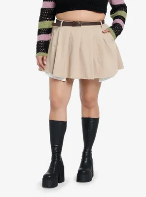 Social Collision Khaki Belted Low-Rise Pleated Mini Skirt Plus