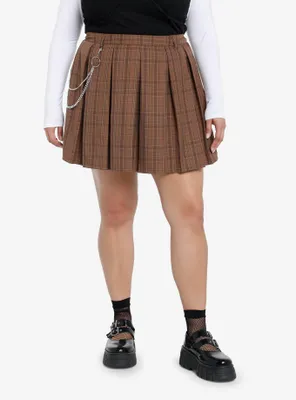 Social Collision Brown Plaid Chain Pleated Skirt Plus