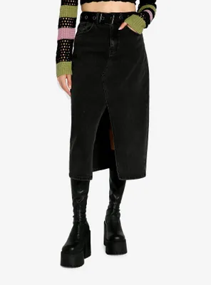 Social Collision Black Denim Belted Midi Skirt