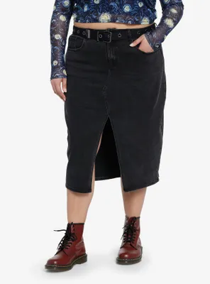 Social Collision Black Denim Belted Midi Skirt Plus
