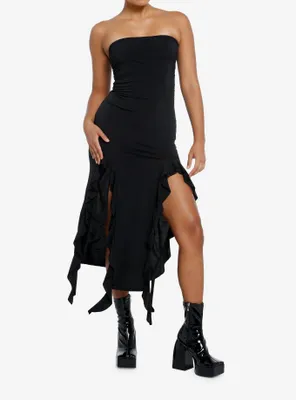 Black Ruffle Slit Strapless Maxi Dress