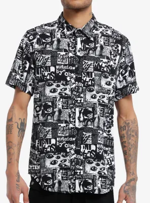 Social Collision® Goth Newsprint Woven Button-Up