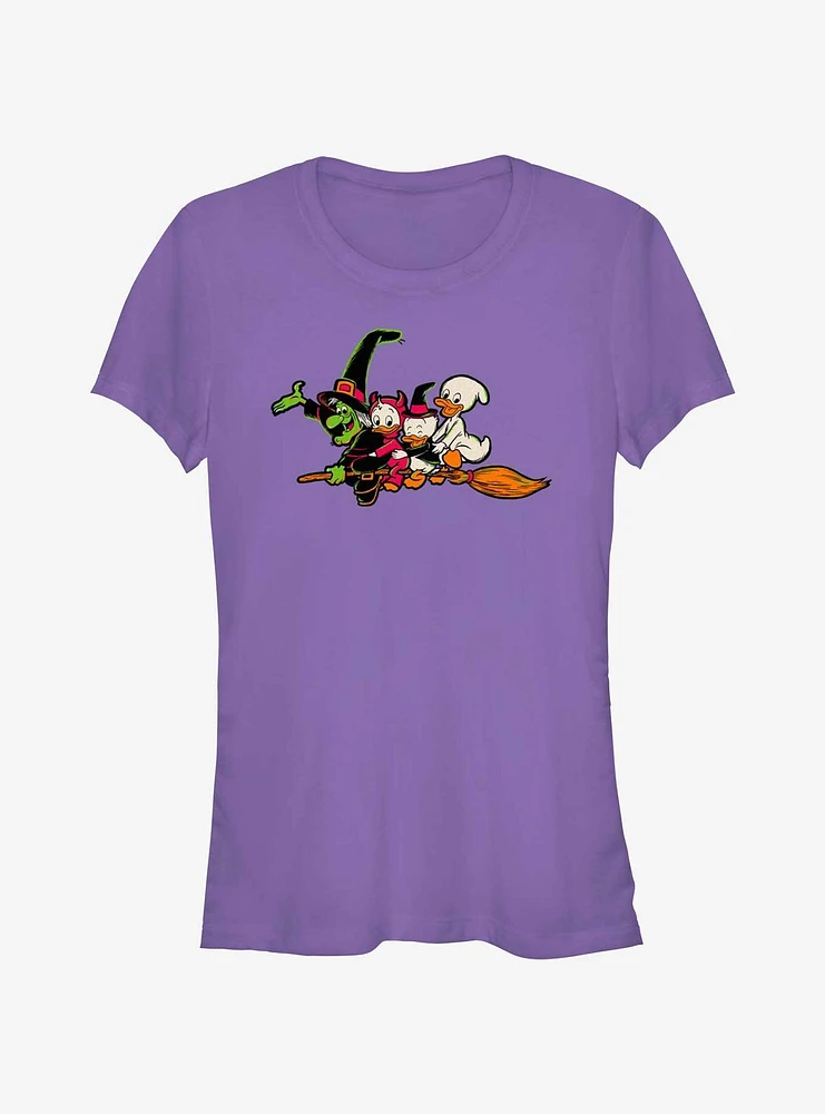 Disney100 Halloween Huey Dewey and Louie Flying Witch's Broom Girls T-Shirt