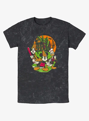 Disney100 Halloween Mickey Goofy And Donald Haunted House Mineral Wash T-Shirt