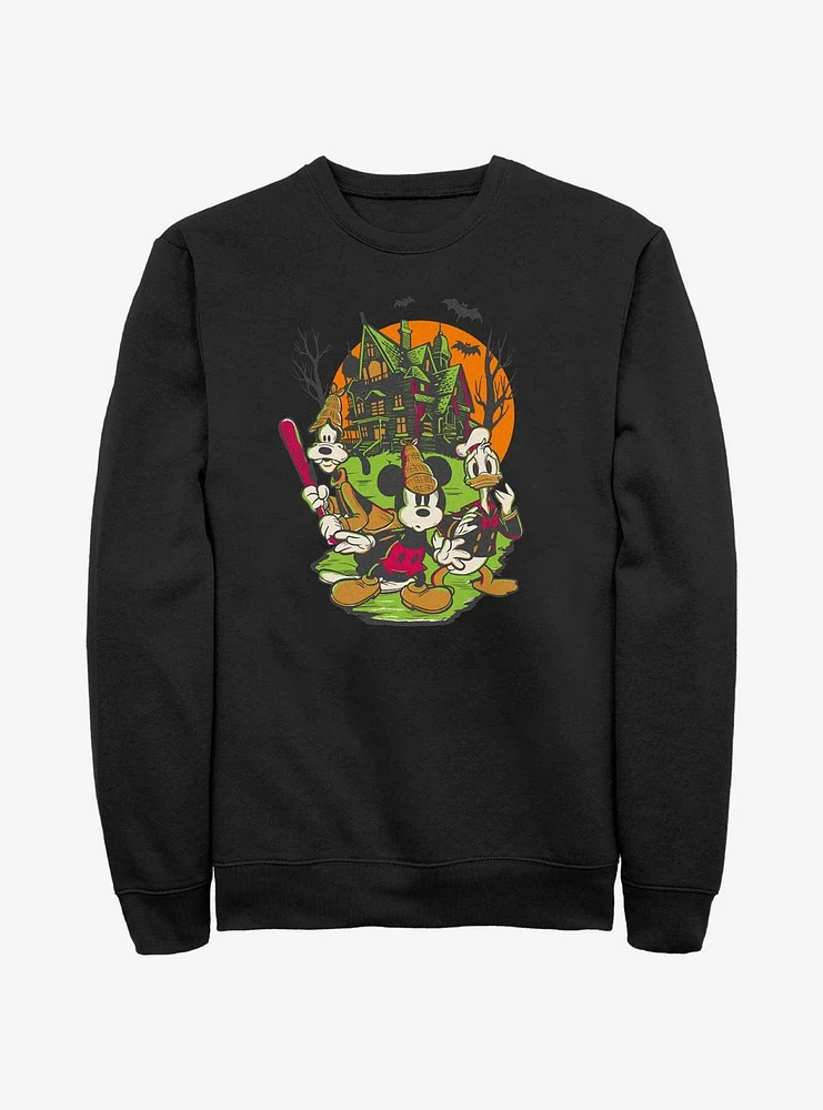 Disney100 Halloween Mickey Goofy And Donald Haunted House Sweatshirt